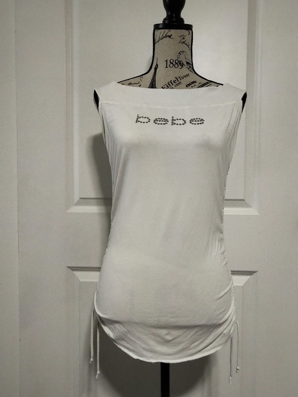 BEBE Rhinestone Dressy Top With Logo & Side Ties - Size L